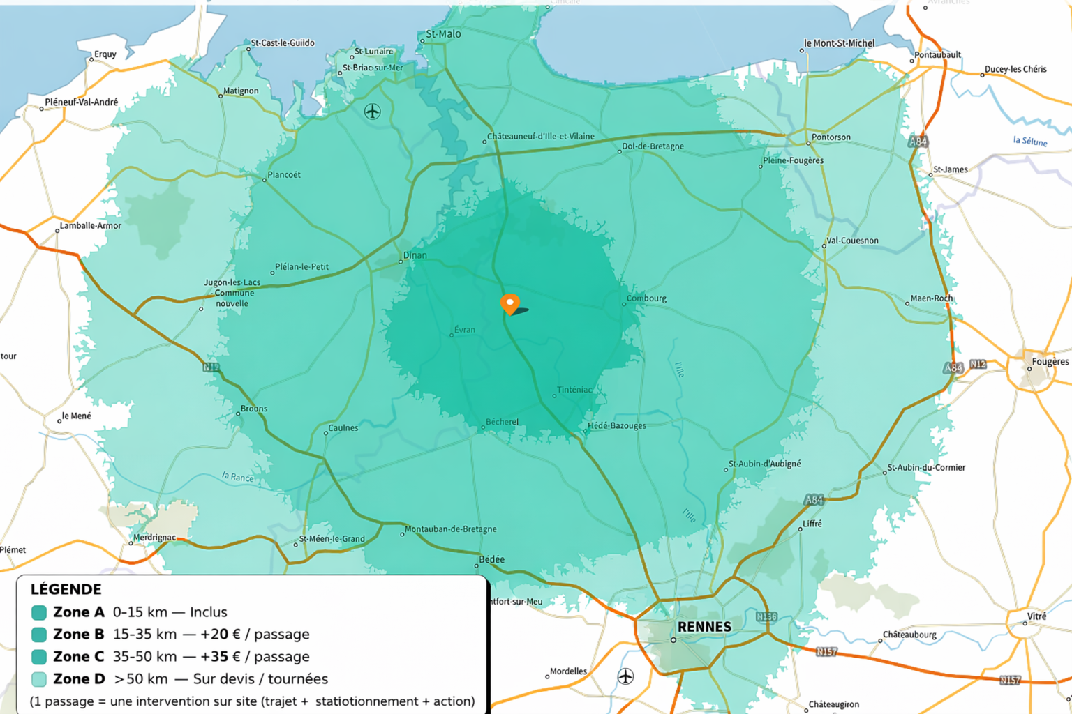 Carte des zones d’intervention et suppléments de déplacement autour de Pleugueneuc.